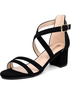 Women's Black Nubuck Comfortable Open Toe Ankle Strap Low Chunky Heeled Sandals